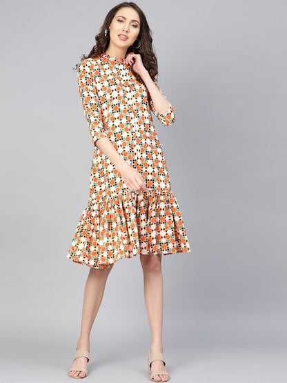 Women's Orange & White Printed Dress