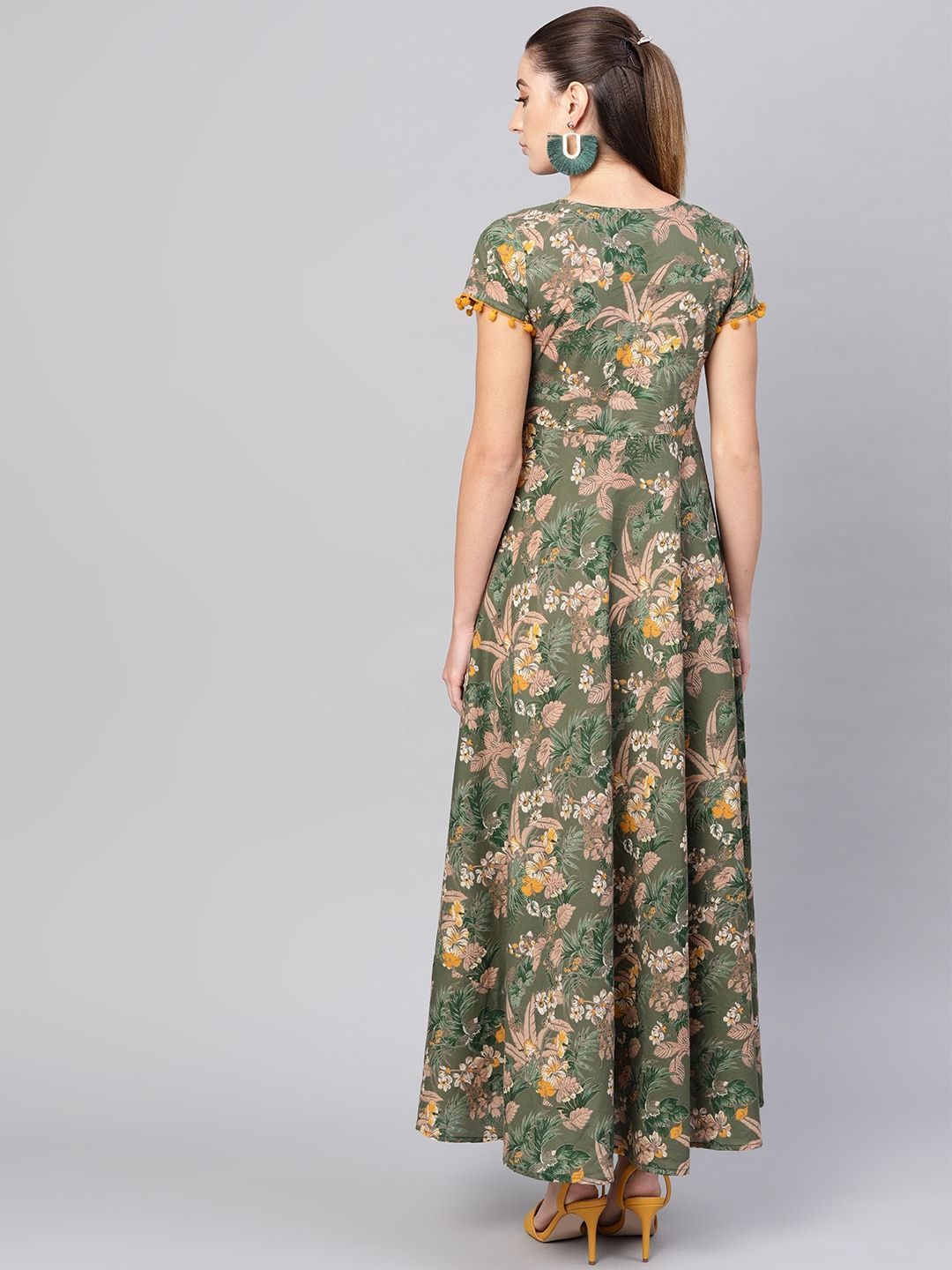 Women's  Olive Green & Beige Floral Printed Maxi Dress