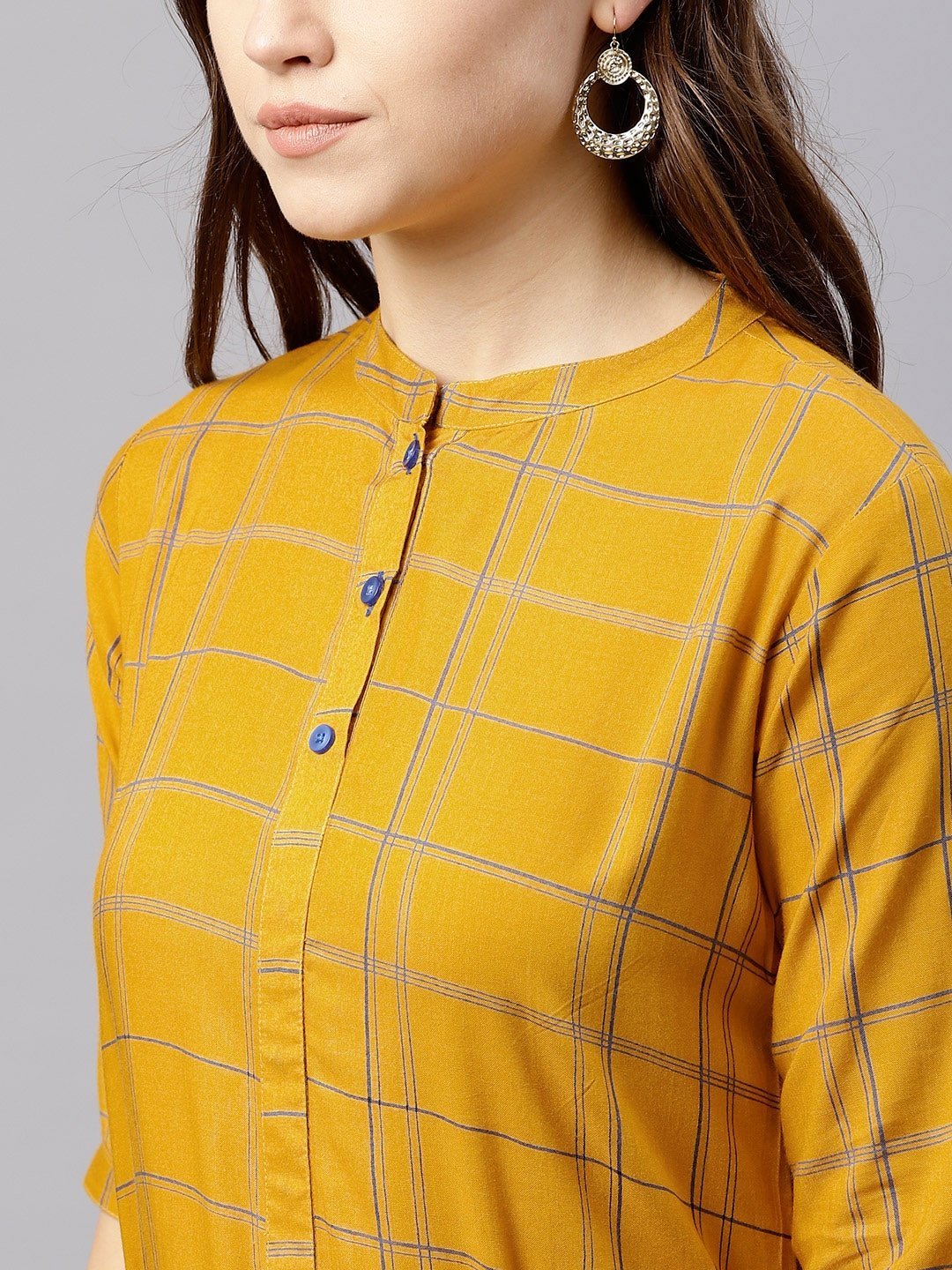 Women's  Mustard Yellow Checked A-Line Kurta