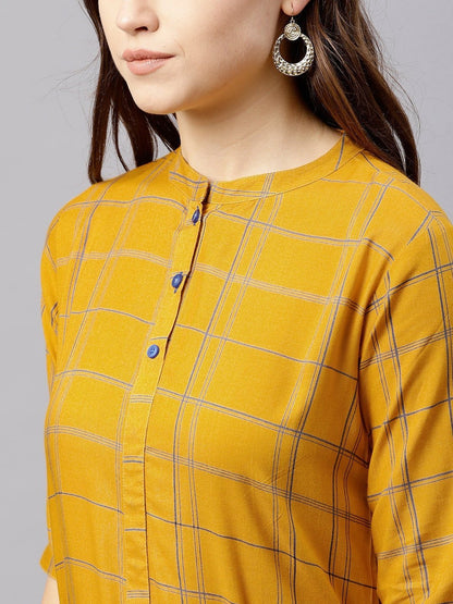 Women's  Mustard Yellow Checked A-Line Kurta