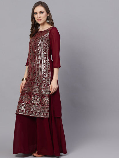Women's  Maroon & Gold Self Design Kurta with Palazzos