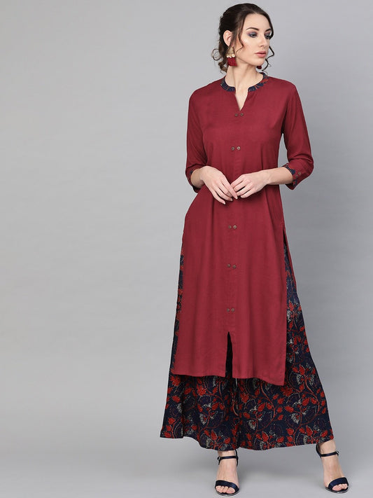 Women's  Maroon & Navy Blue Solid Kurta with Palazzos