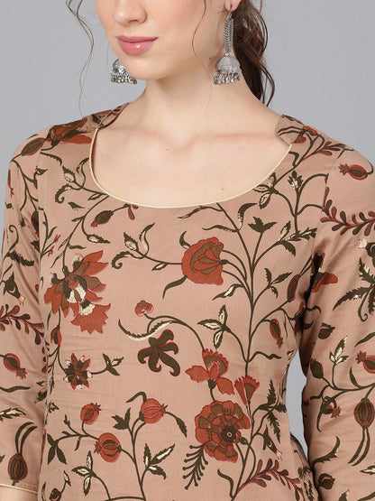 Women's  Brown & Red Floral Printed Straight Kurta
