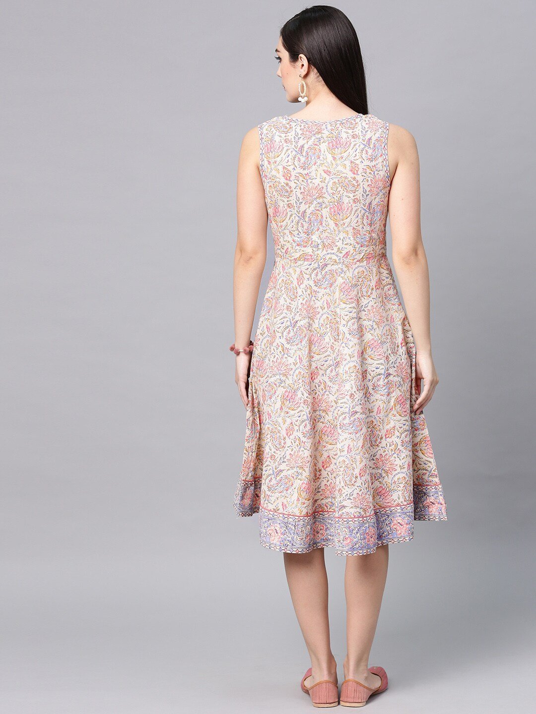 Women's  Off-White & Pink Printed Fit and Flare Dress