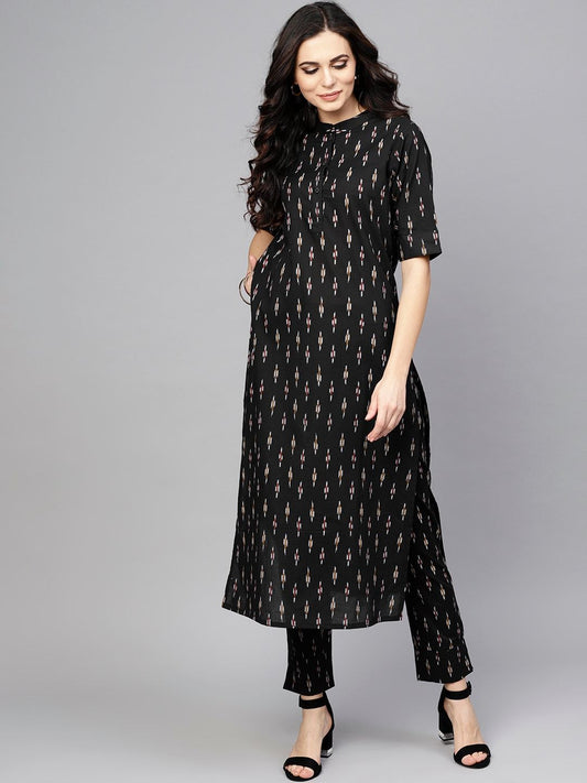 Women's  Black Printed Kurta with Trousers