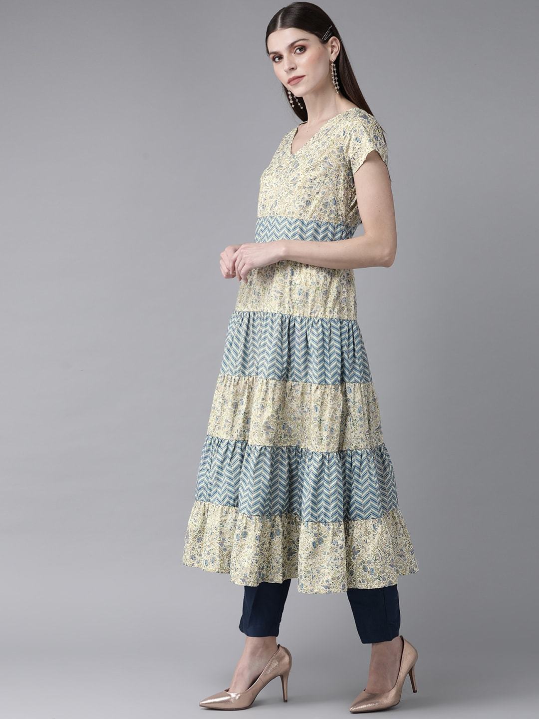 Women's  Cream-Coloured & Blue Kahri Print Tiered A-Line Kurta