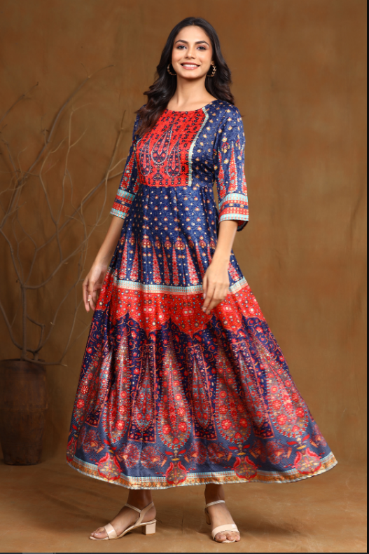Women's Navyblue Dull Satin Printed Gown