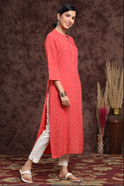 Women's Rayon Slub Embellished Straight Kurta
