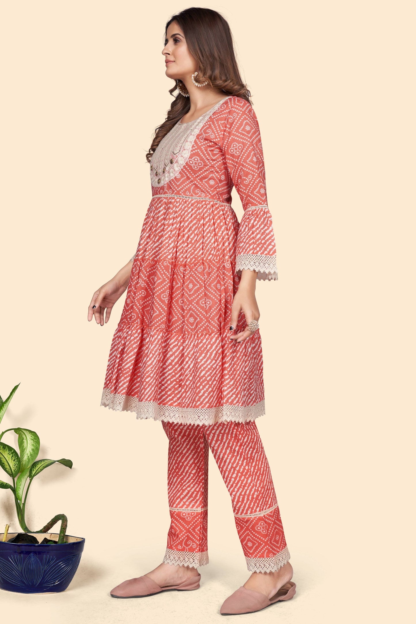 Women's Bandhani Print & Embroidered Flared Cotton Orange Stitched Top With Pant