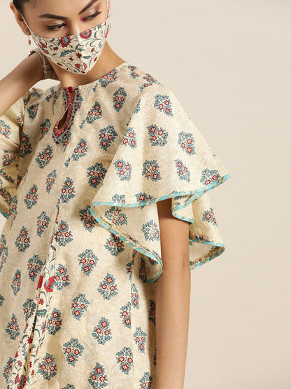Women's Floral Print Tunic Sharara Set With Mask