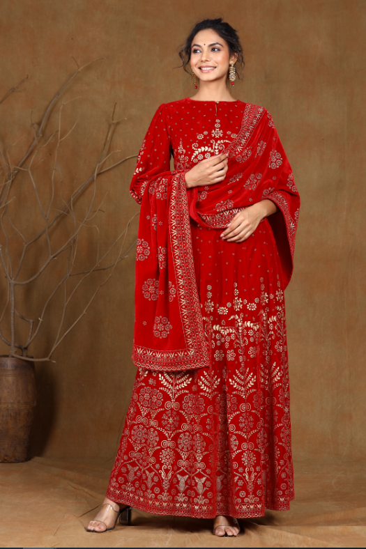 Women's Maroon Velvet Printed Lehenga Choli Dupatta Set