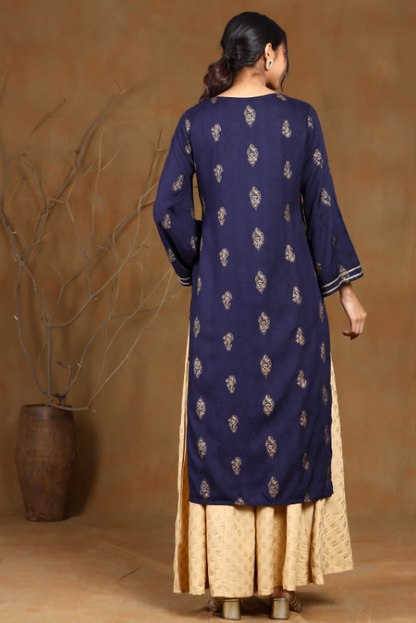 Women's Navyblue Rayon Embroidered Straight Kurta