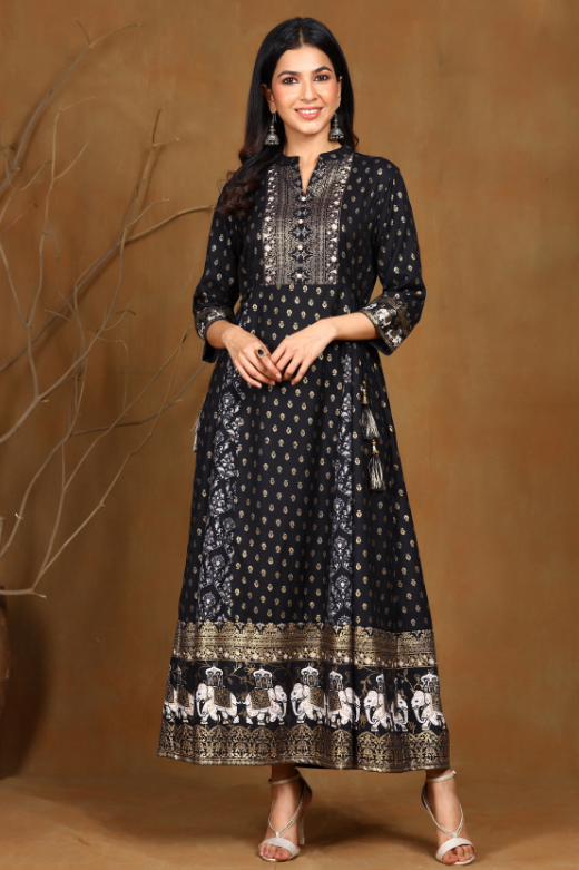 Women's Black Rayon Printed Anarkali Dress