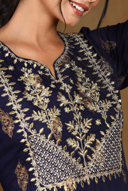 Women's Navyblue Rayon Embroidered Straight Kurta