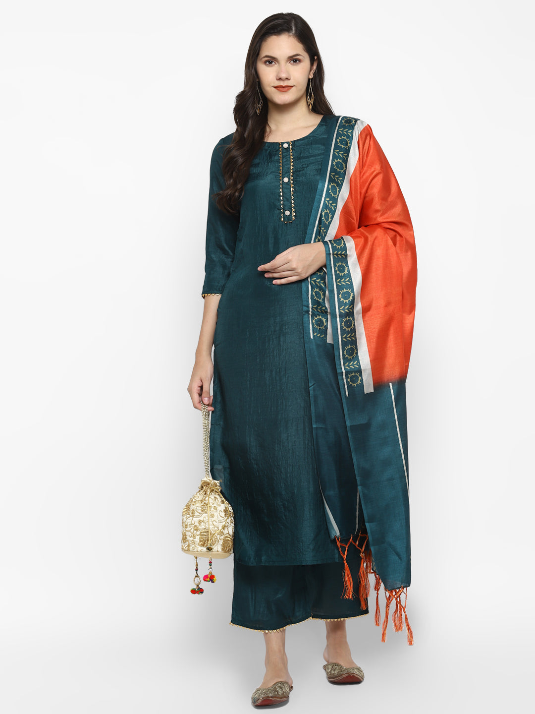 Women's Green Color Silk Blend Straight Kurta Palazzo With Dupatta