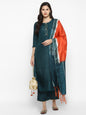 Women's Green Color Silk Blend Straight Kurta Palazzo With Dupatta