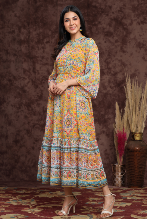 Women's Mustard Chiffon Printed Tiered Dress