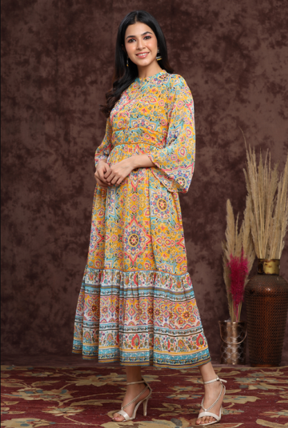 Women's Mustard Chiffon Printed Tiered Dress