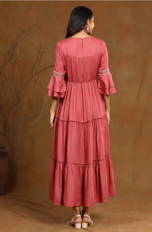 Women's Rosepink Rayon Lurex Embroidered Tiered Dress