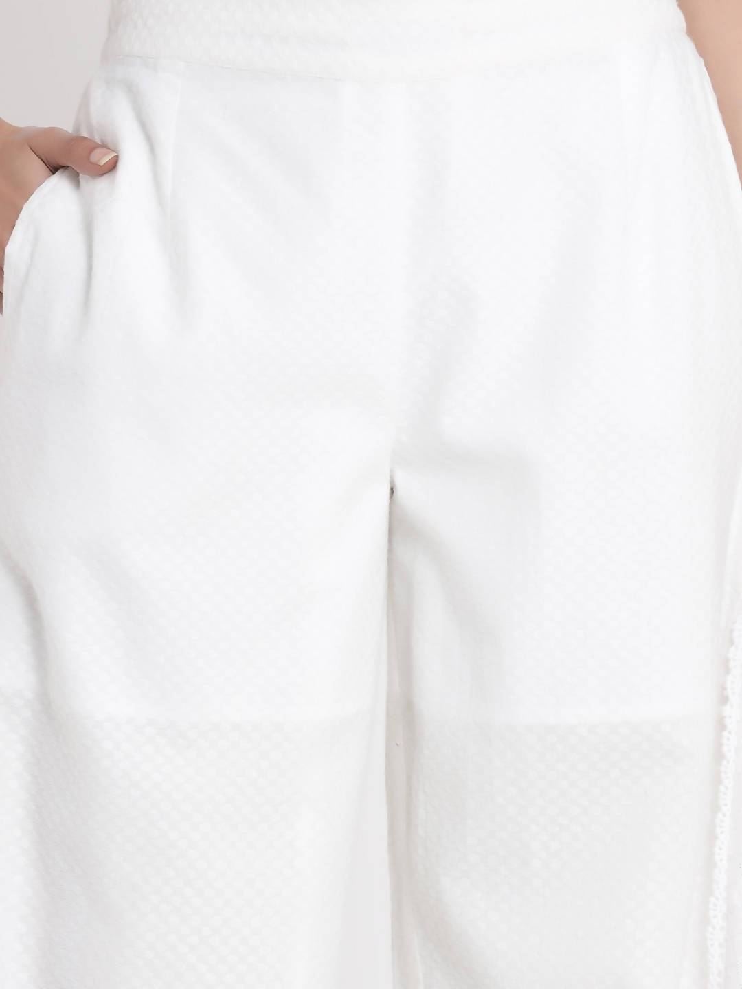 Women's White Cotton Dobby Flared Palazzo With Scrunchie