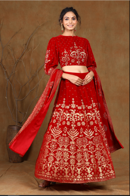 Women's Maroon Velvet Printed Lehenga Choli Dupatta Set