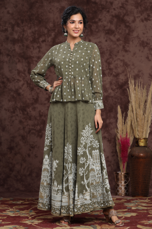 Women's Olive Georgette Printed Lehenga Choli