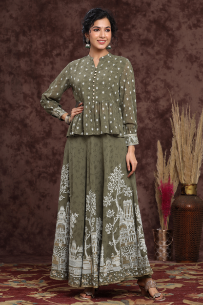Women's Olive Georgette Printed Lehenga Choli
