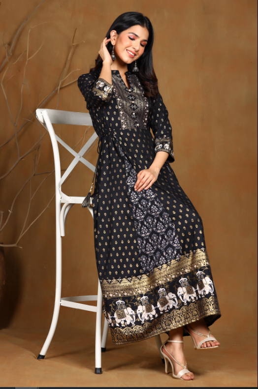 Women's Black Rayon Printed Anarkali Dress
