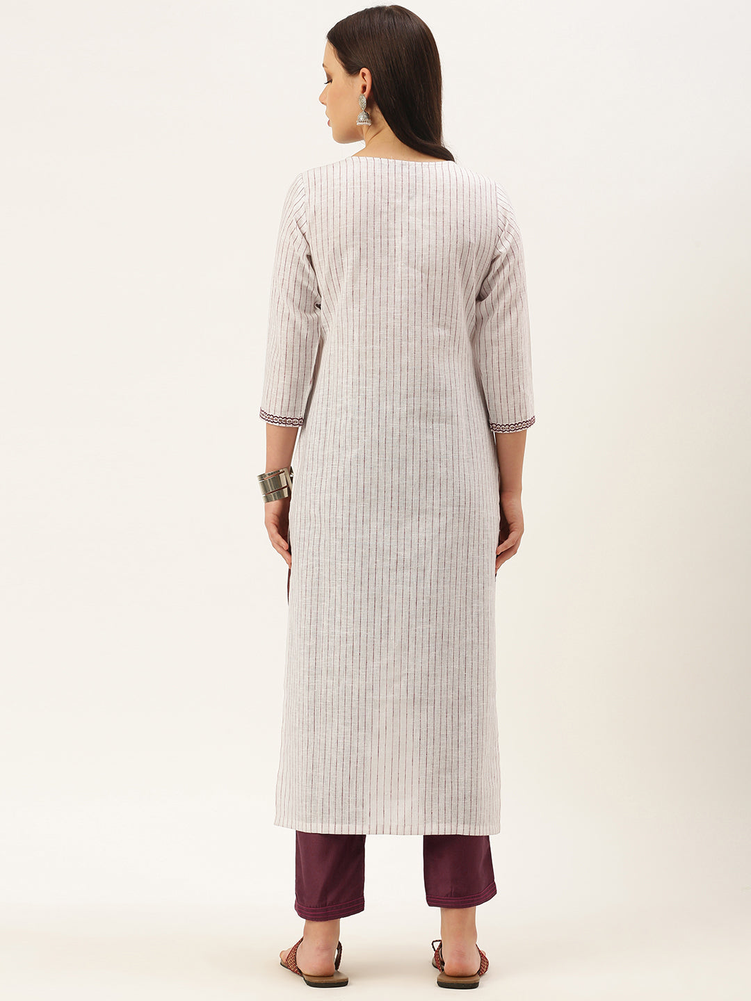 Women's White Color Cotton Blend Checked Striped Embroidered Kurta Pant Set