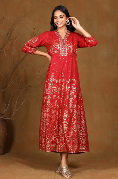 Women's Maroon Rayon Printed Anarkali