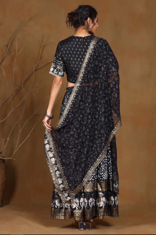 Women's Black Shantoon Embroidred Lehenga Choli Dupatta Set