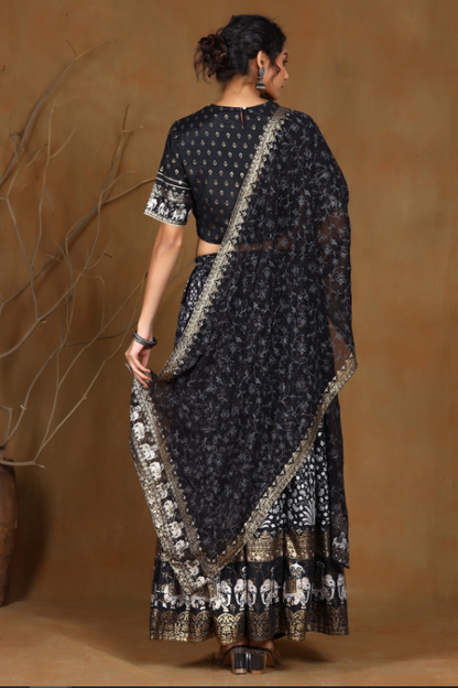 Women's Black Shantoon Embroidred Lehenga Choli Dupatta Set
