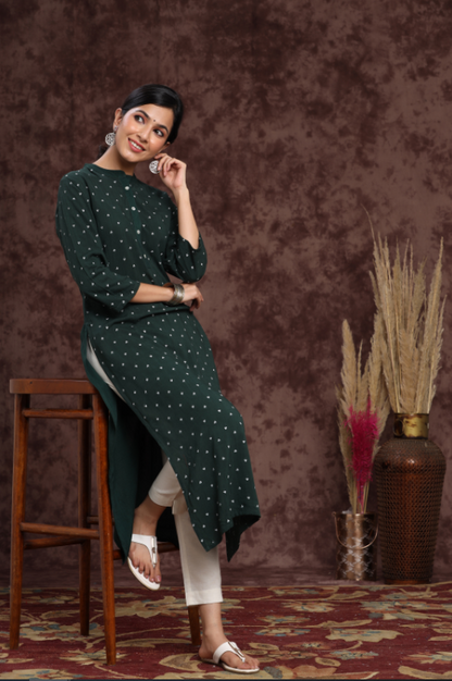Women's Bottelgreen Rayon Slub Embellished Straight Kurta