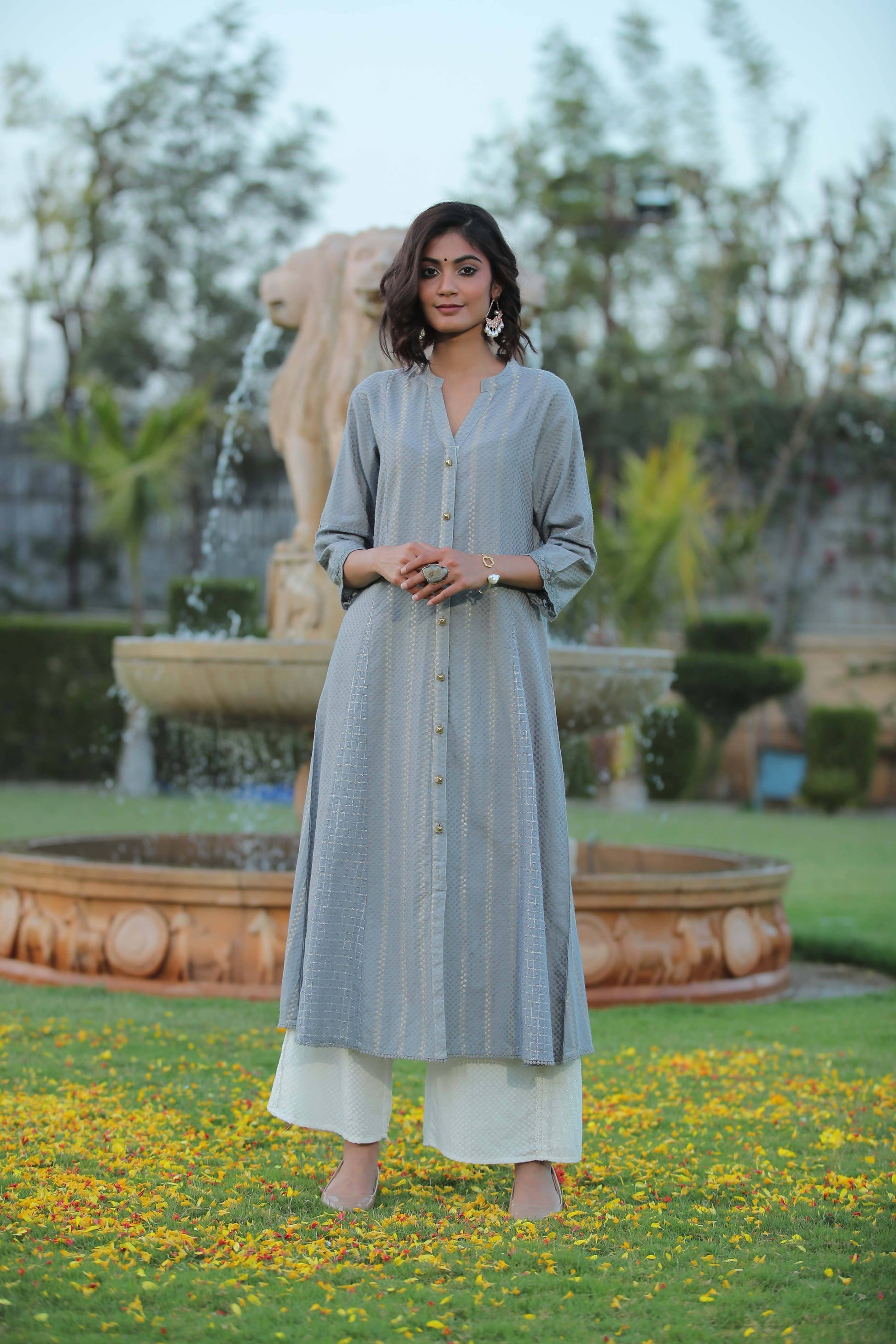 Buy_Women's_Grey_Cotton_Dobby_Printed_A-Line_Kurta_With_Mask_Online_Trendia
