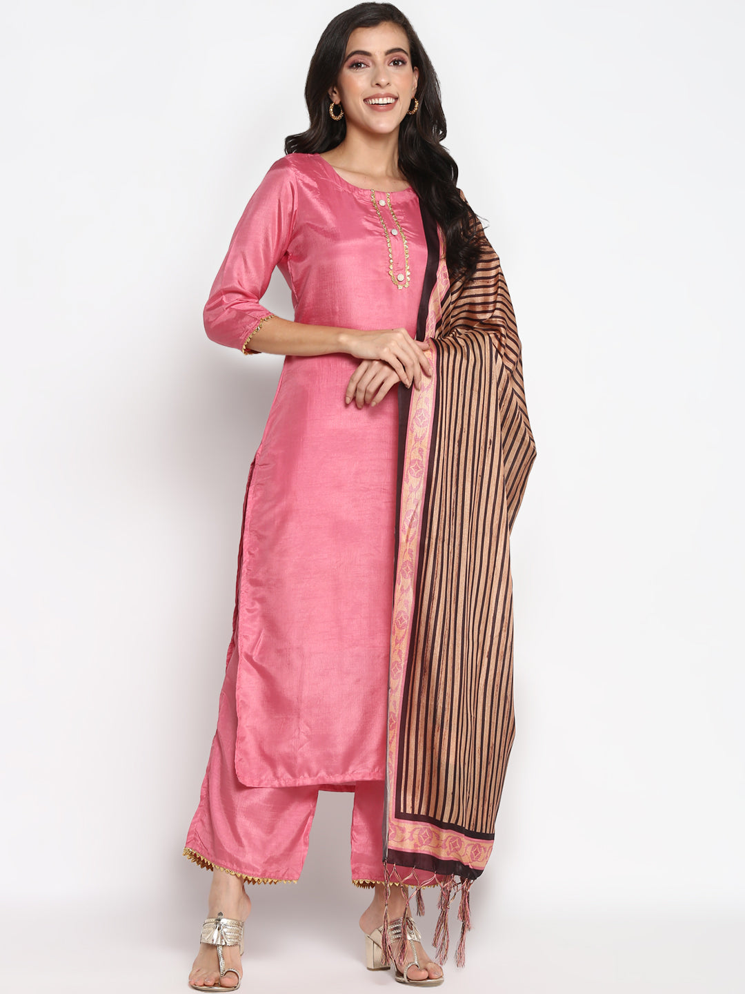Women's Pink Color Silk Blend Straight Kurta Palazzo With Dupatta
