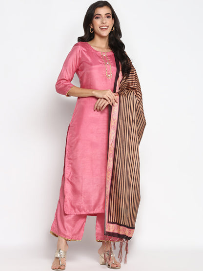 Women's Pink Color Silk Blend Straight Kurta Palazzo With Dupatta