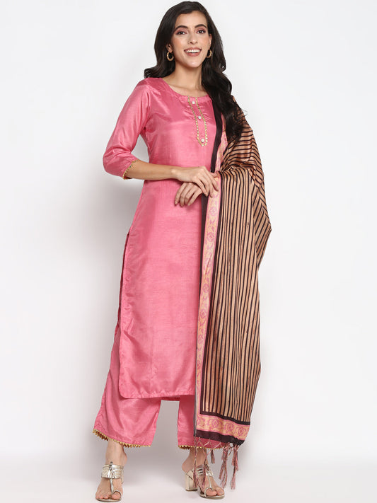 Women's Pink Color Silk Blend Straight Kurta Palazzo With Dupatta