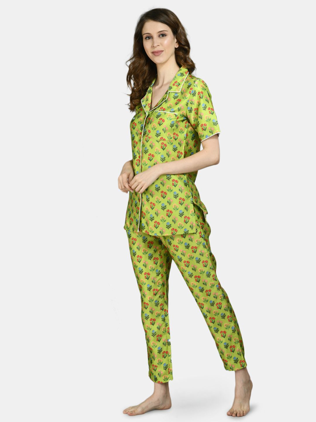 Women Green Printed Night Suit by Myshka (