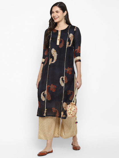 Women's Blue Color Chanderi Silk Straight Digital Printed Kurta Palazzo Set