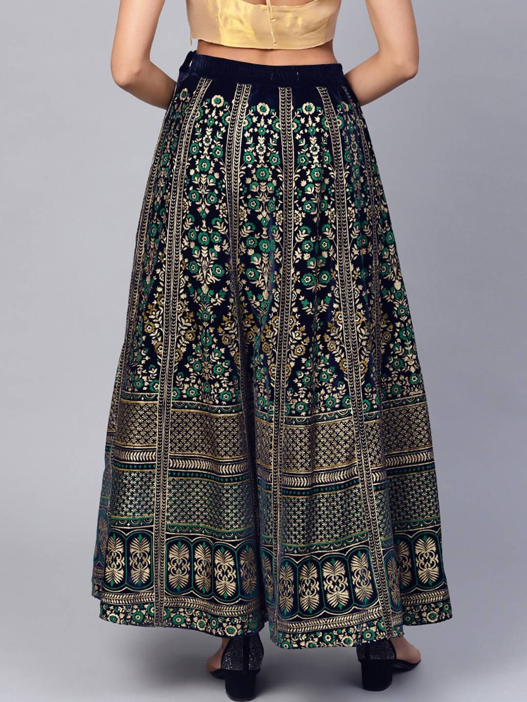 Women's Navy Velvet Foil Print Kalidar Skirt