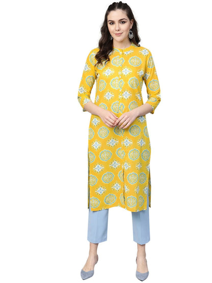 Women's Yellow & White Printed Straight Kurta
