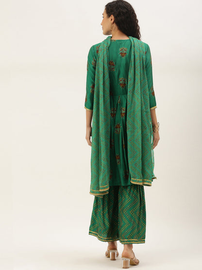 Women's Green Color Muslin Foil Printed Kurta Sharara With Dupatta