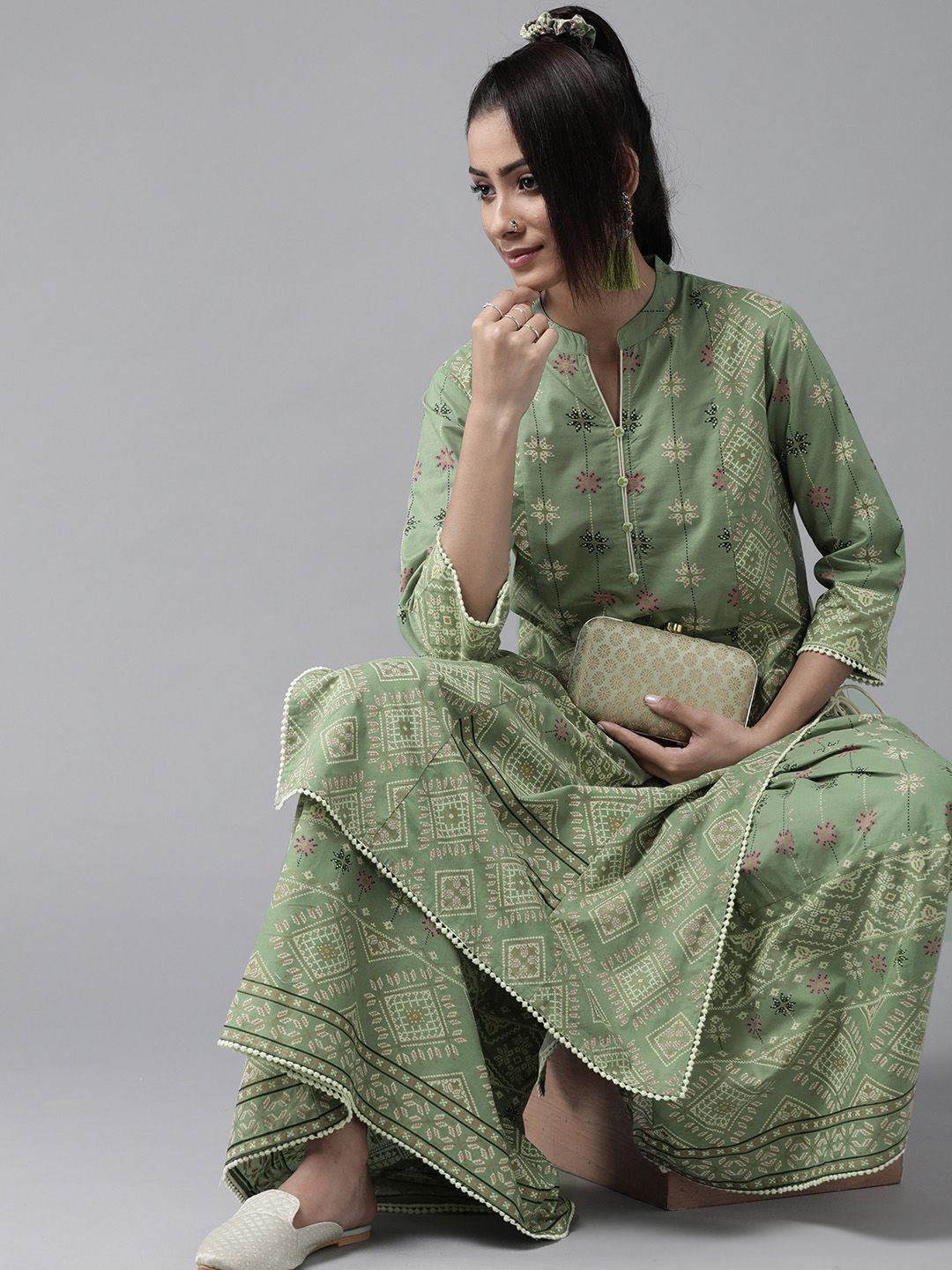 Women's Mexican Print Straight Kurta Palazzo Set