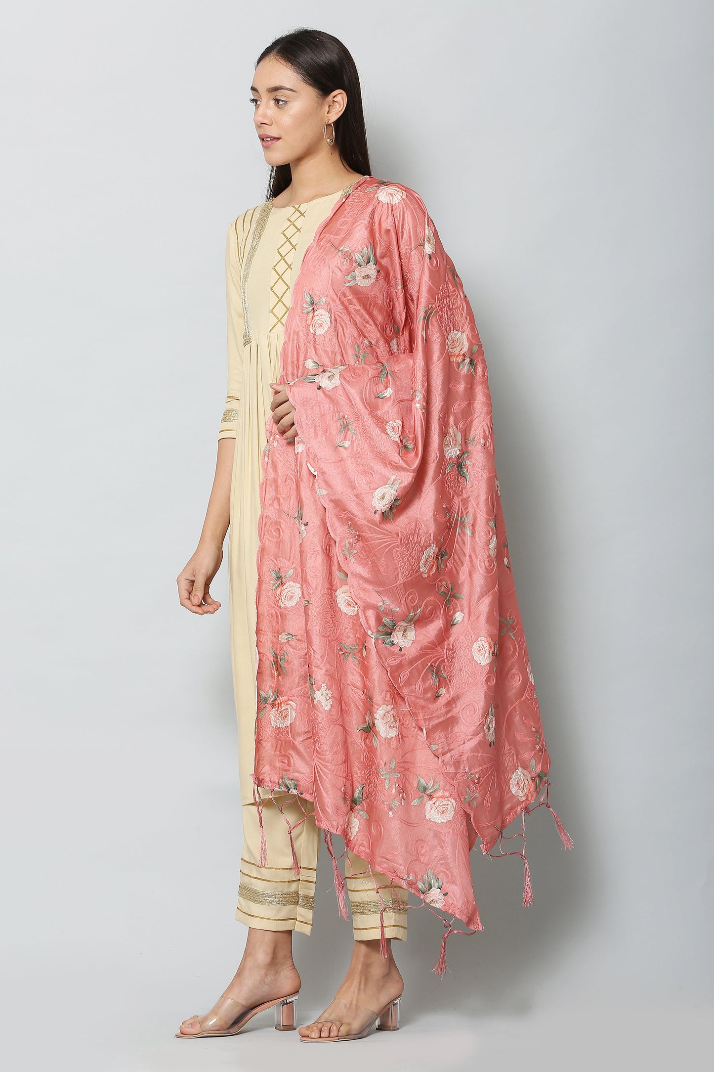 Women's Onion Color Art Silk Embroidery and Digital Printed Dupatta