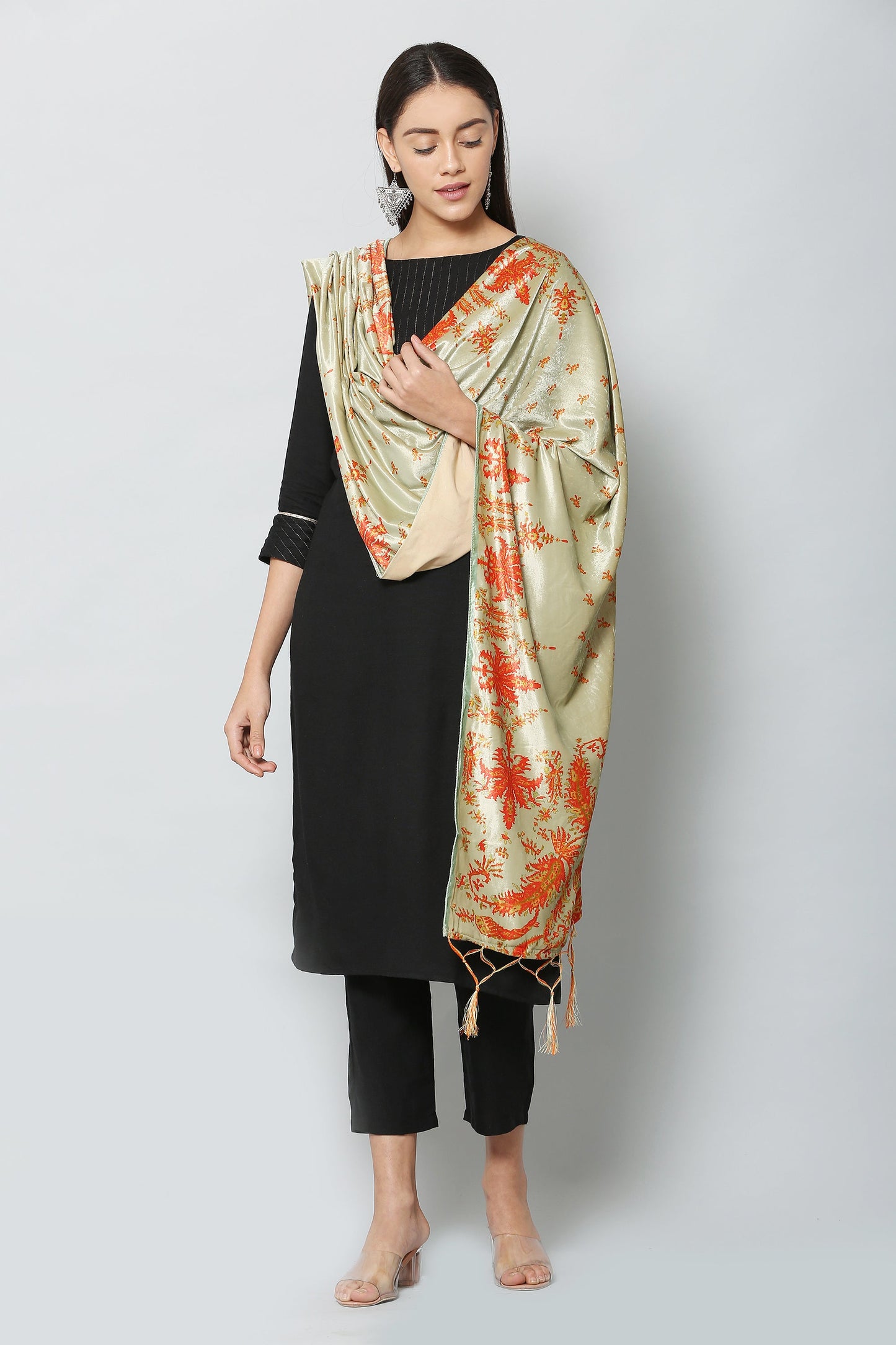 Women's Orange Color Polyster Velvet  Digital Printed Dupatta