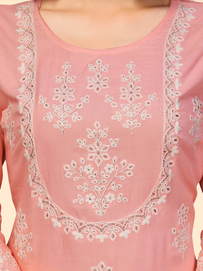 Women's Embroidered Straight Rayon Light Pink Stitched Kurta Pant With Dupatta