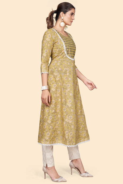 Women's Print & Embroidered A-Line Cotton Yellow Stitched Kurta