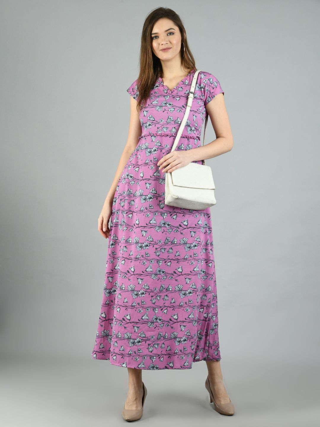 Women's Purple Polyester Printed Short Sleeve V Neck Casual Dress