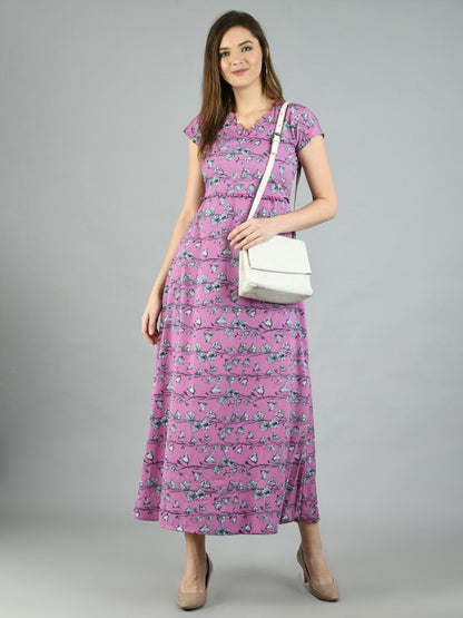 Women's Purple Polyester Printed Short Sleeve V Neck Casual Dress