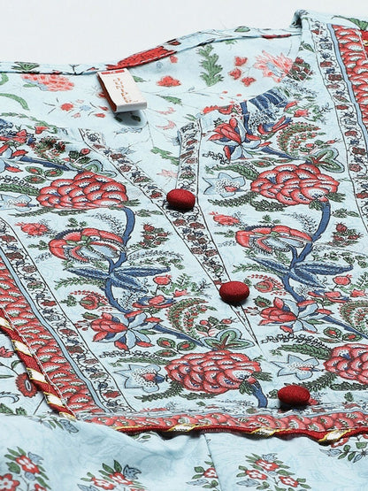 Women's Printed Flared Dress & Dupatta Set with Mask